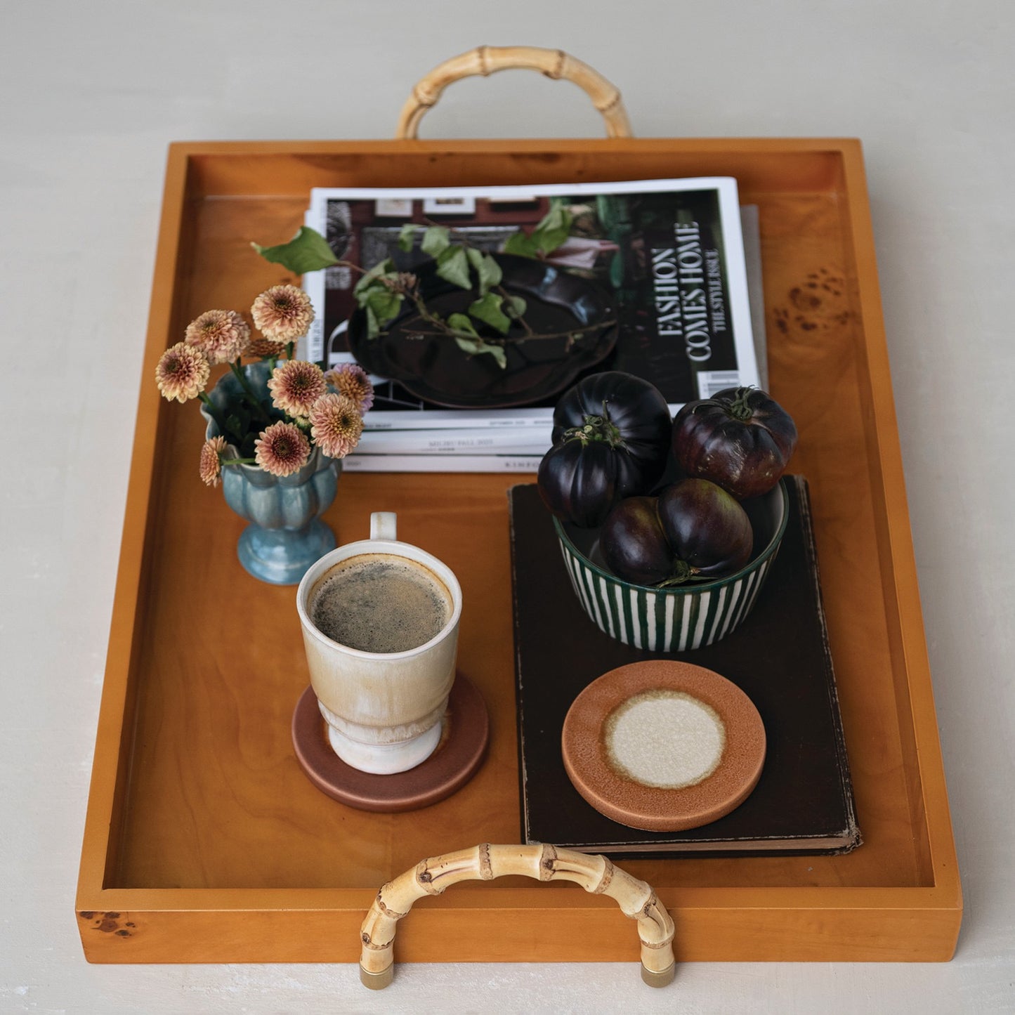 Red Natural Wood Veneer Tray with Bamboo Handles