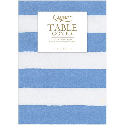 Cafe Stripe Blue Printed Paper Linen Table Cover 5.2' x 8.2' - includes 1 Table Cover