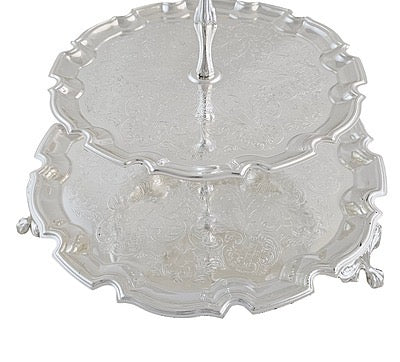 Queen Anne 3 Tier Engraved Cake Stand English Silver Plate