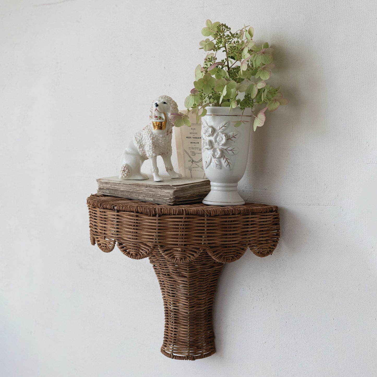 Hand-Woven Rattan Scalloped Wall Shelf, Natural