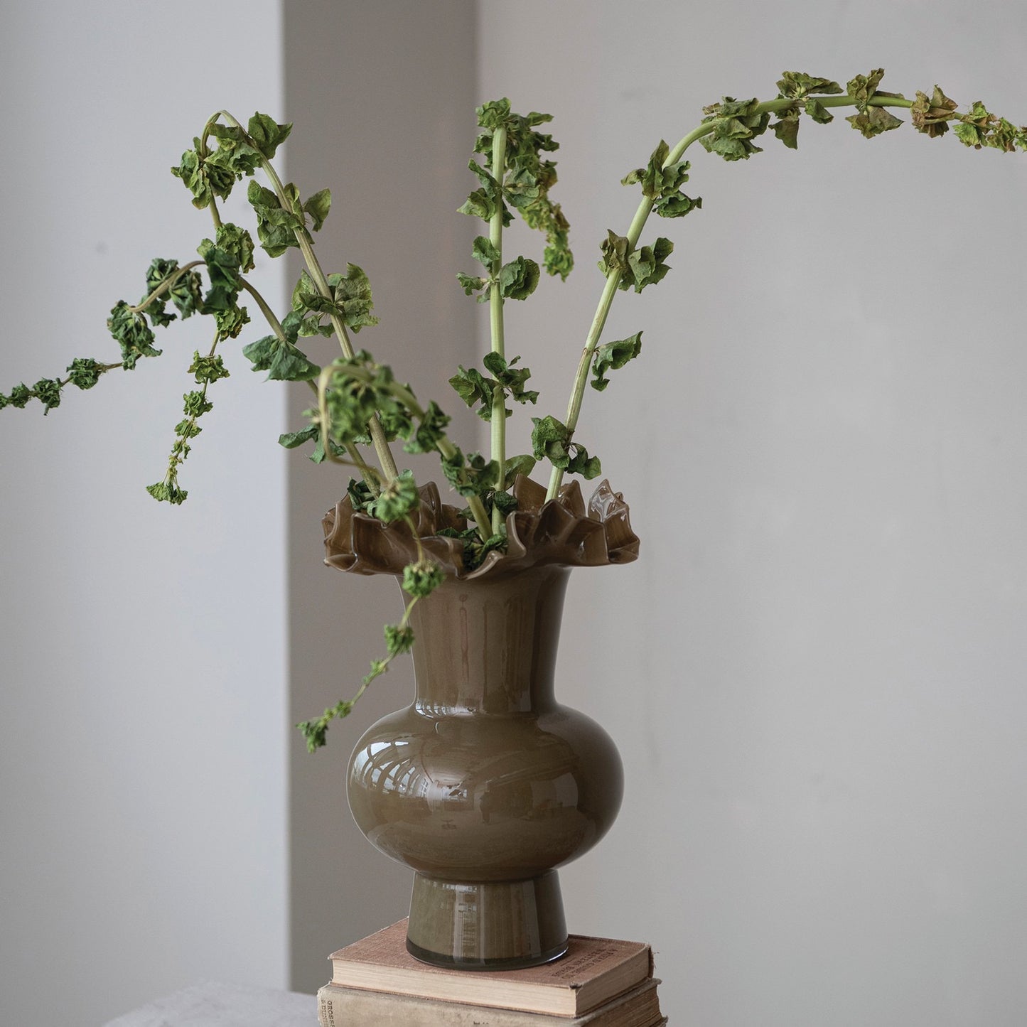 Opaque Glass Footed Ruffled Vase, Olive Color