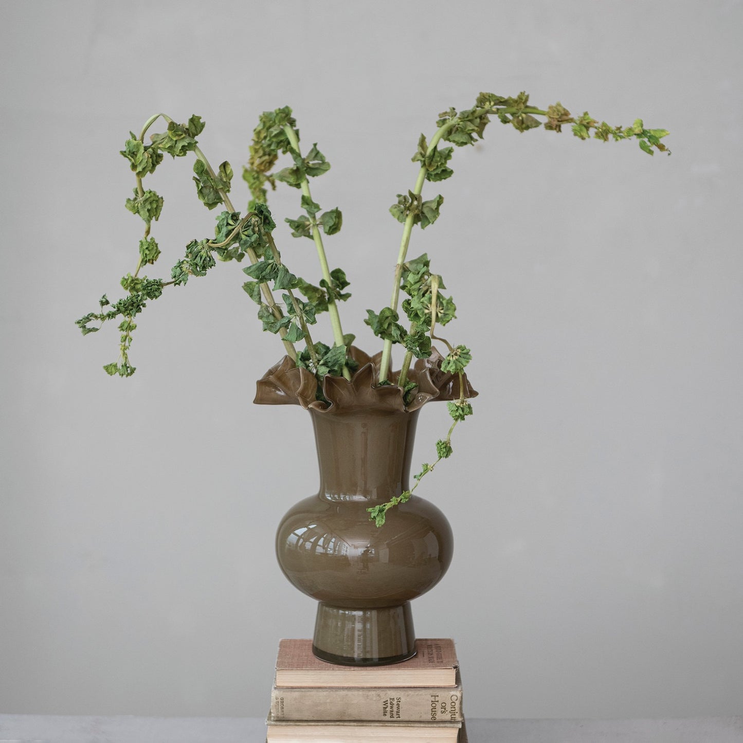 Opaque Glass Footed Ruffled Vase, Olive Color