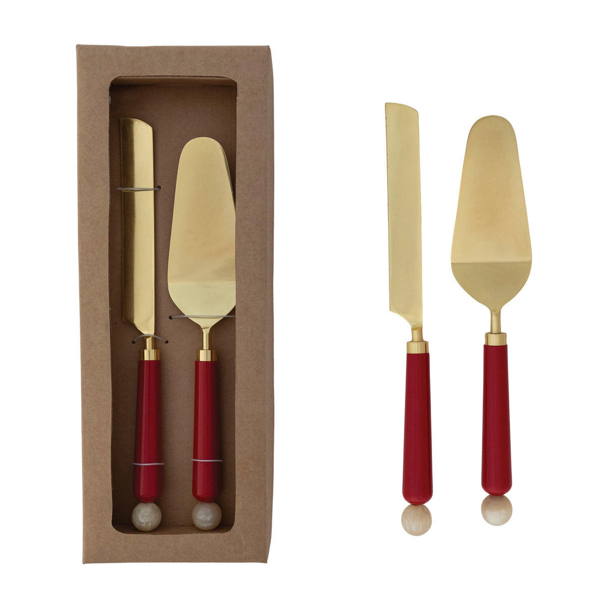 Gold Steel Cake Servers with Red Marbled Resin Handle Set