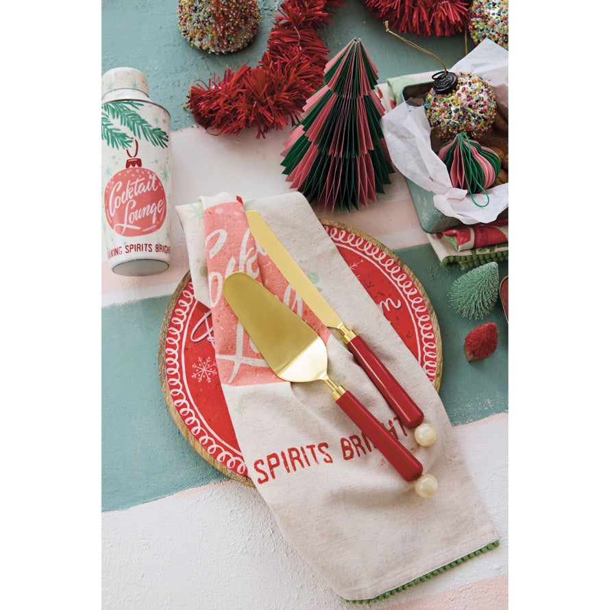Gold Steel Cake Servers with Red Marbled Resin Handle Set