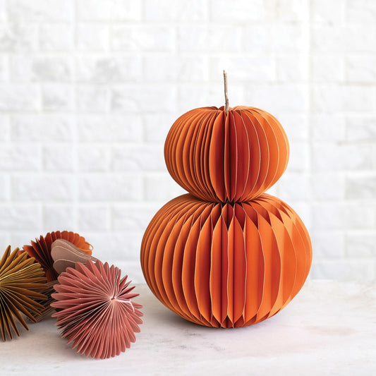 7" Paper Folding Honeycomb Orange Pumpkin w/ Dried Natural Twig Stem