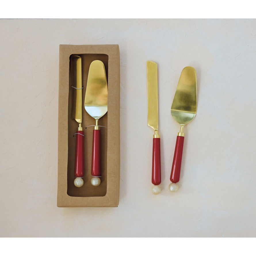 Gold Steel Cake Servers with Red Marbled Resin Handle Set