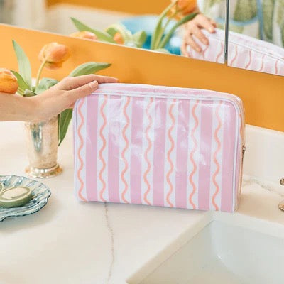 Large Toiletry Bag Pink Coral Stripe