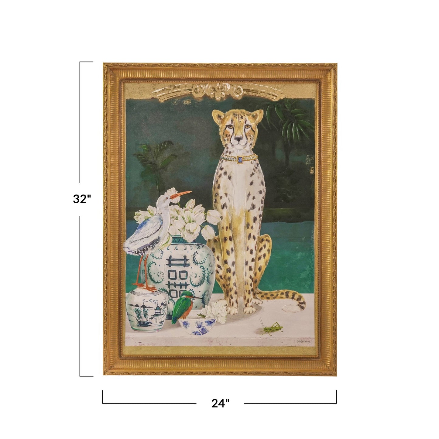 Wood Framed Canvas Wall Décor w/ Cheetah & Urn Image, Antique Gold Finish & Multi Color