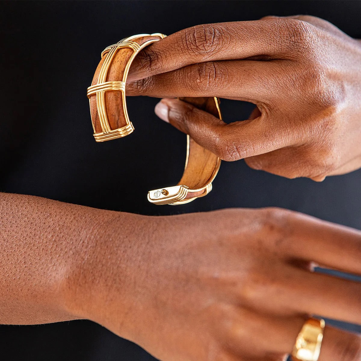 Gaia Hinged Bangle in Gold,  Teak