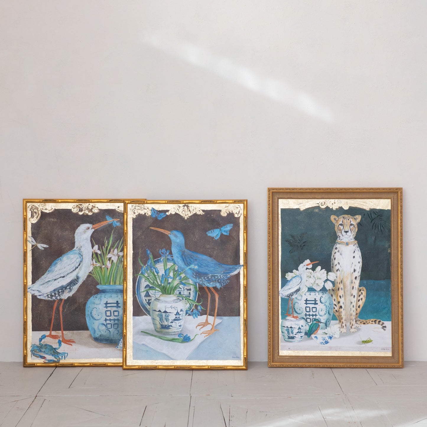 Wood Framed Canvas Wall Décor w/ Cheetah & Urn Image, Antique Gold Finish & Multi Color