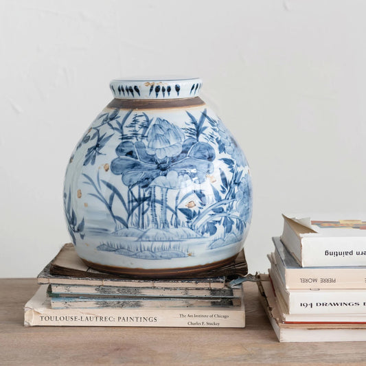 Floral Blue & White Stoneware Ginger Jar