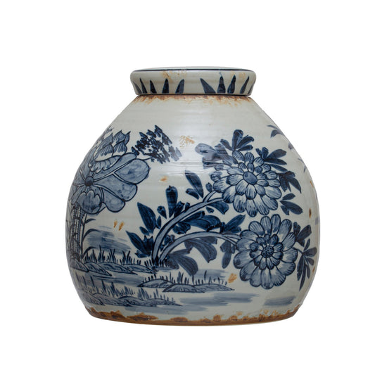 Floral Blue & White Stoneware Ginger Jar