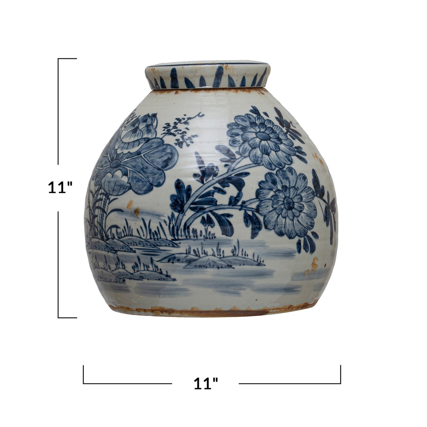 Floral Blue & White Stoneware Ginger Jar