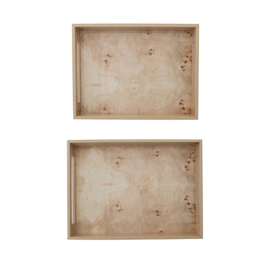 MDF & Burl Wood Veneer Trays w/ Handles (2 Sizes)