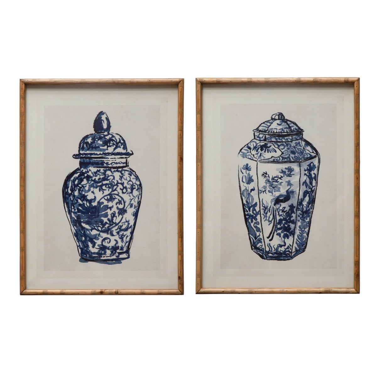 Wood Framed Glass Wall Décor w/ Cachepot, Blue & White Set