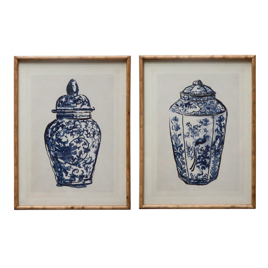 Wood Framed Glass Wall Décor w/ Cachepot, Blue & White Set
