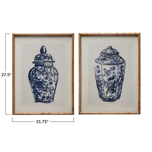 Wood Framed Glass Wall Décor w/ Cachepot, Blue & White Set
