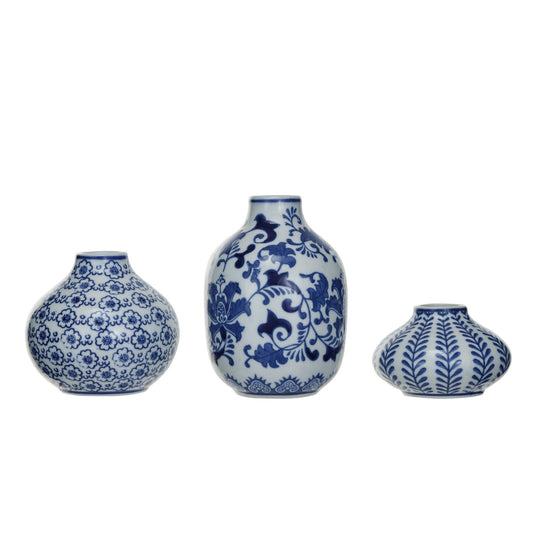 Blue & White Stamped Stoneware Vase (3 Styles)