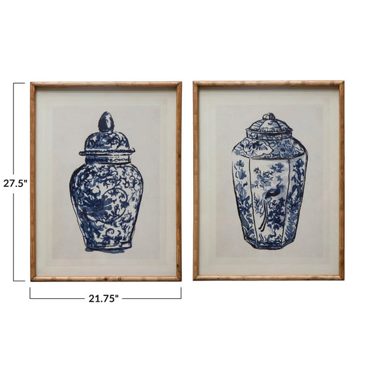 Wood Framed Glass Wall Blue and White Cachepots Frame Set