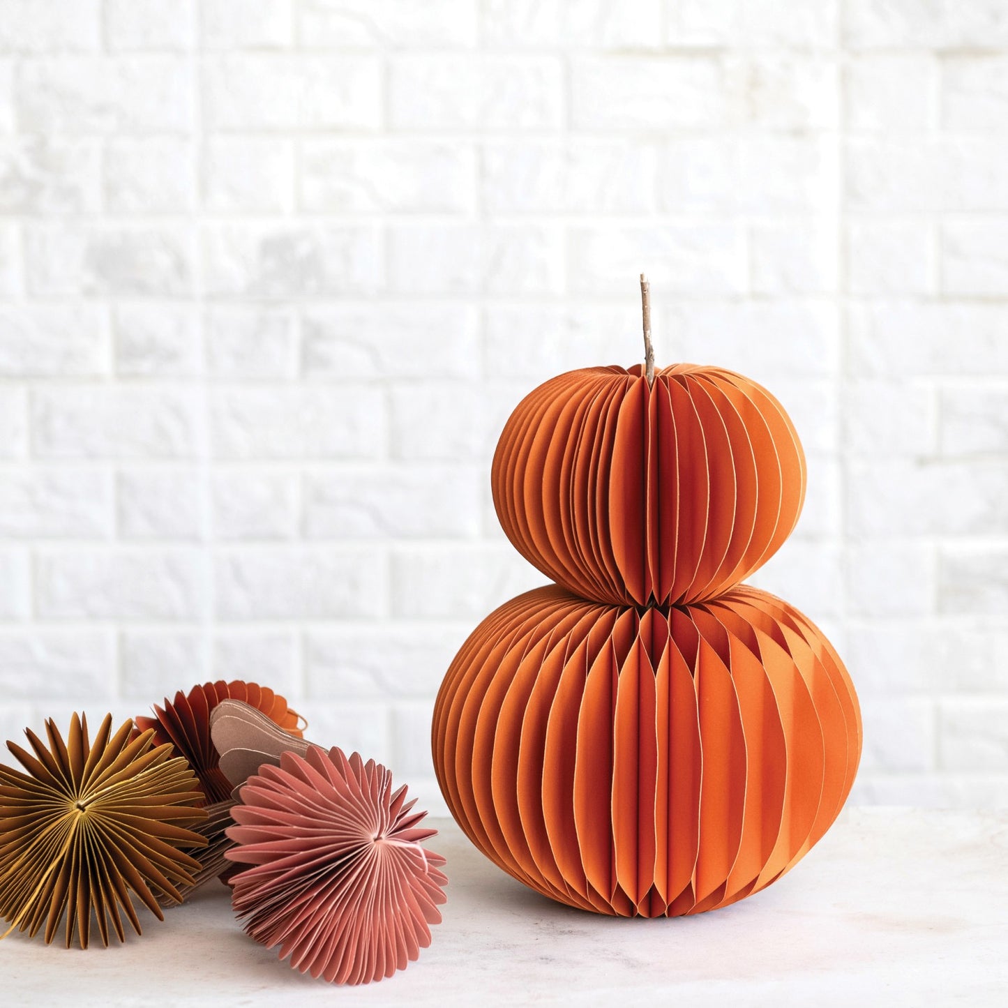 5" Paper Folding Honeycomb Orange Pumpkin w/ Dried Natural Twig Stem