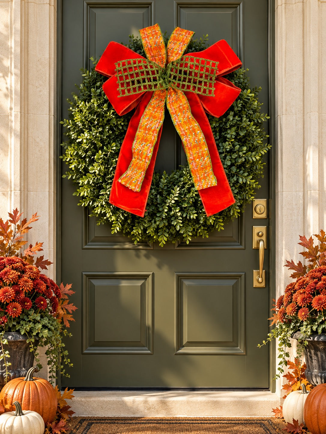 Chenille Tweed and Orange Velvet Custom Bow