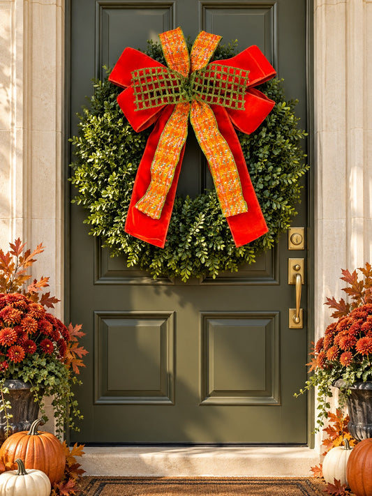 Chenille Tweed and Orange Velvet Custom Bow