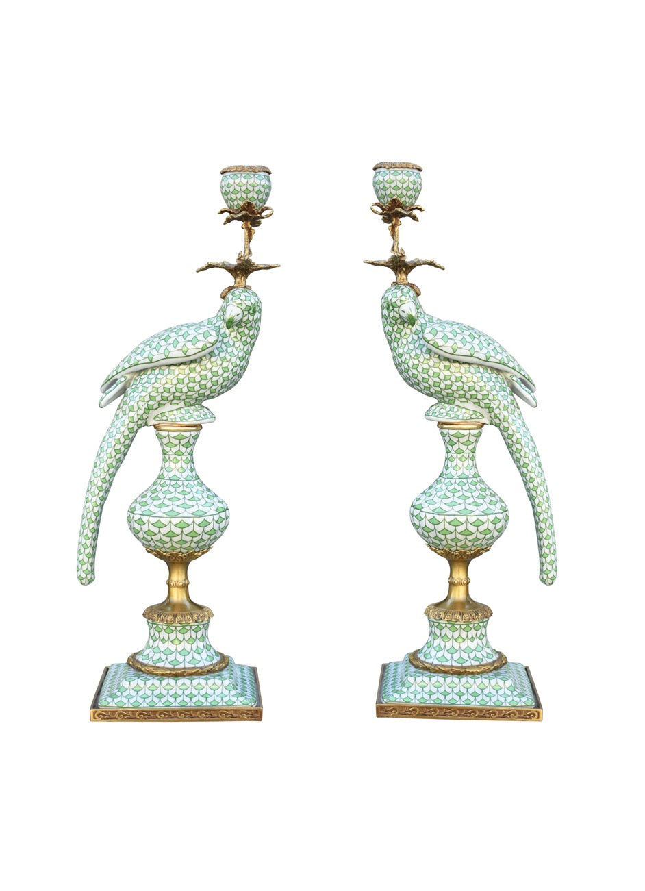 Green Porcelain Scale Bird Candle Holder Set