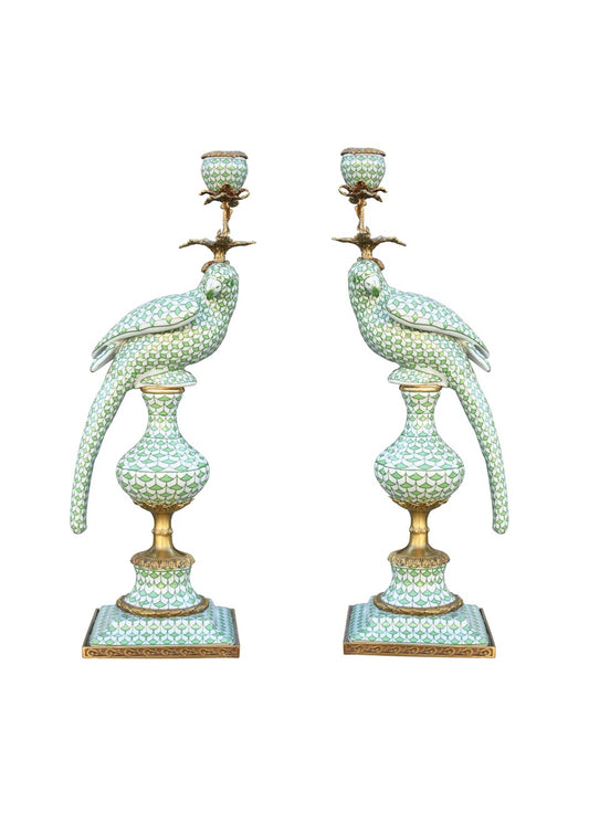 Green Porcelain Scale Bird Candle Holder Set
