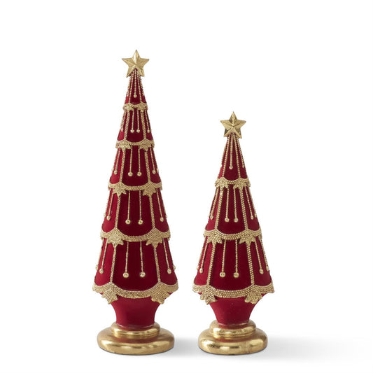 Red Flocked Trees w/Gold Pedestals 2 Sizes