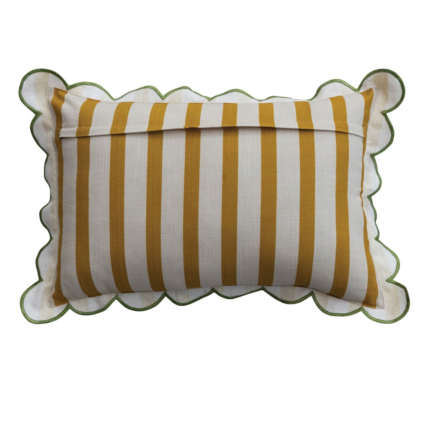 Cotton Mustard Striped Lumbar Pillow with Scalloped Green Stitched Edging
