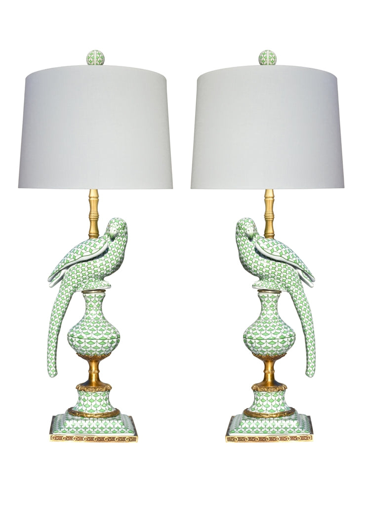 Porcelain Pair of Bird Lamps