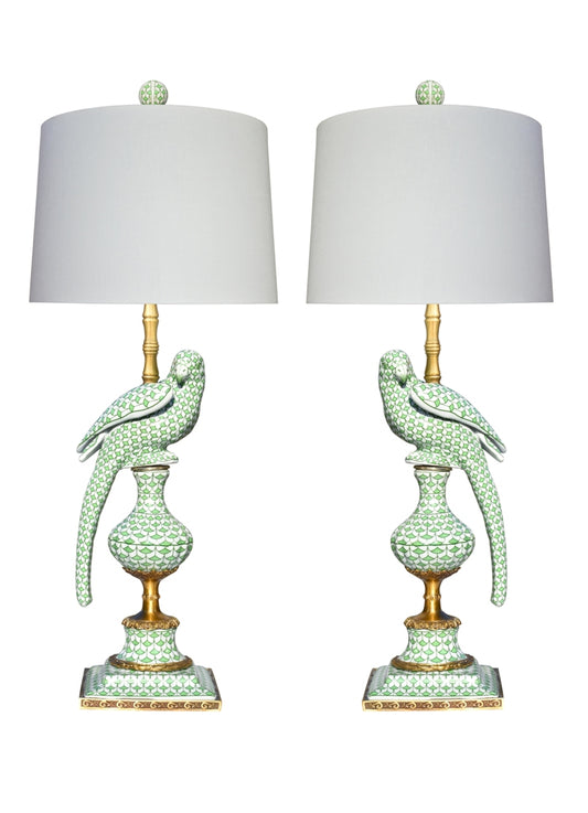 Porcelain Pair of Bird Lamps-Green