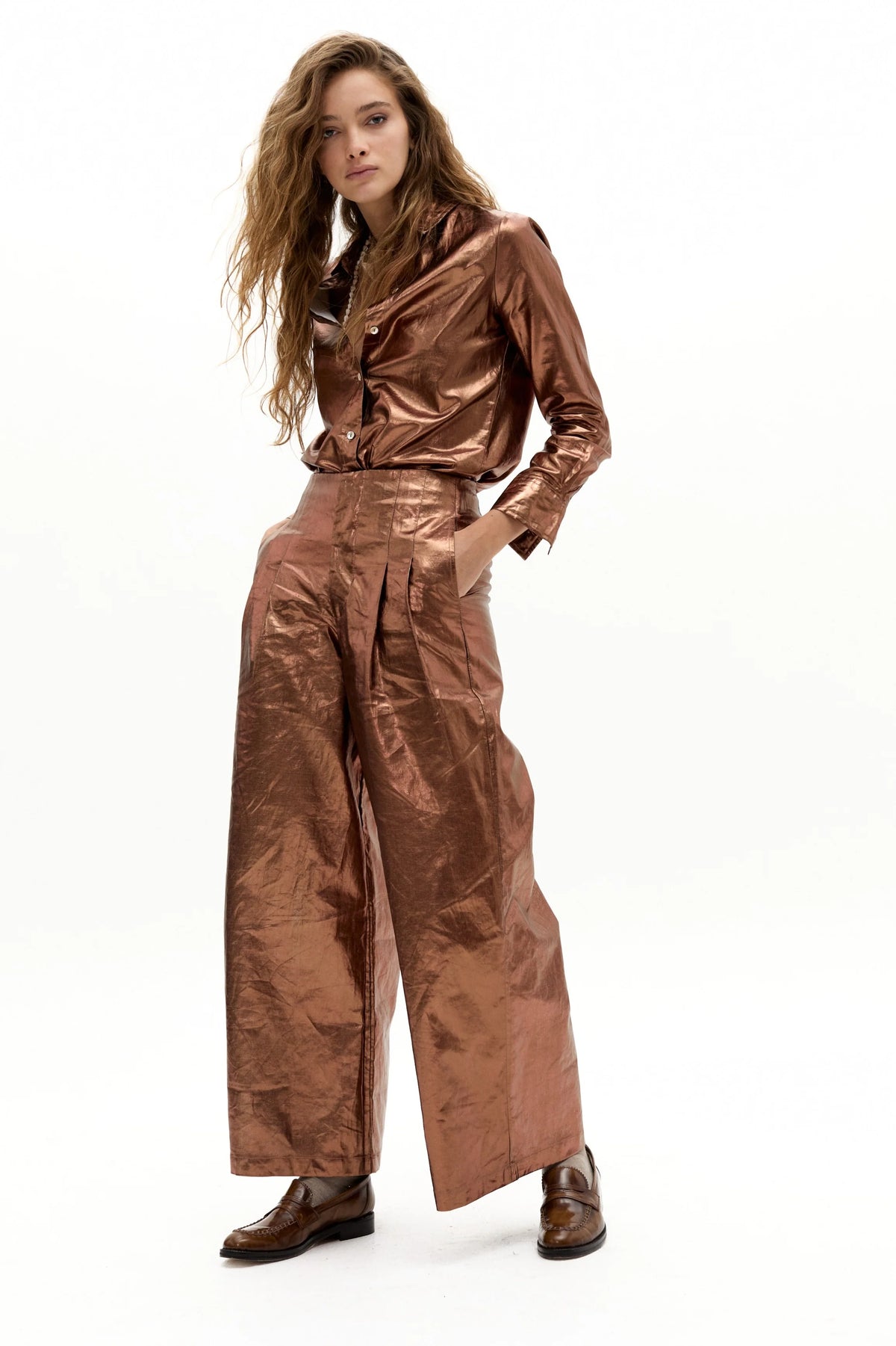 Culotte Metallic Linen Pants - Chocolate