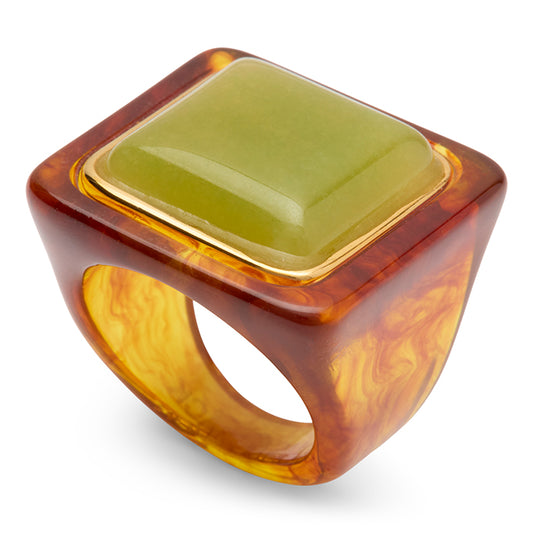 Tortoise Shell Resin Lime Green Quartz Ring