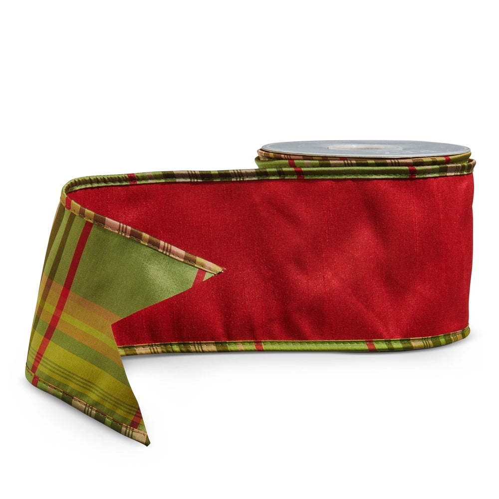 4” X 10 Yards Red With Plaid Back Wired Ribbon
