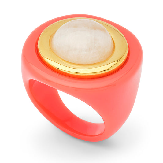 Coral Resin-Moonstone Ring