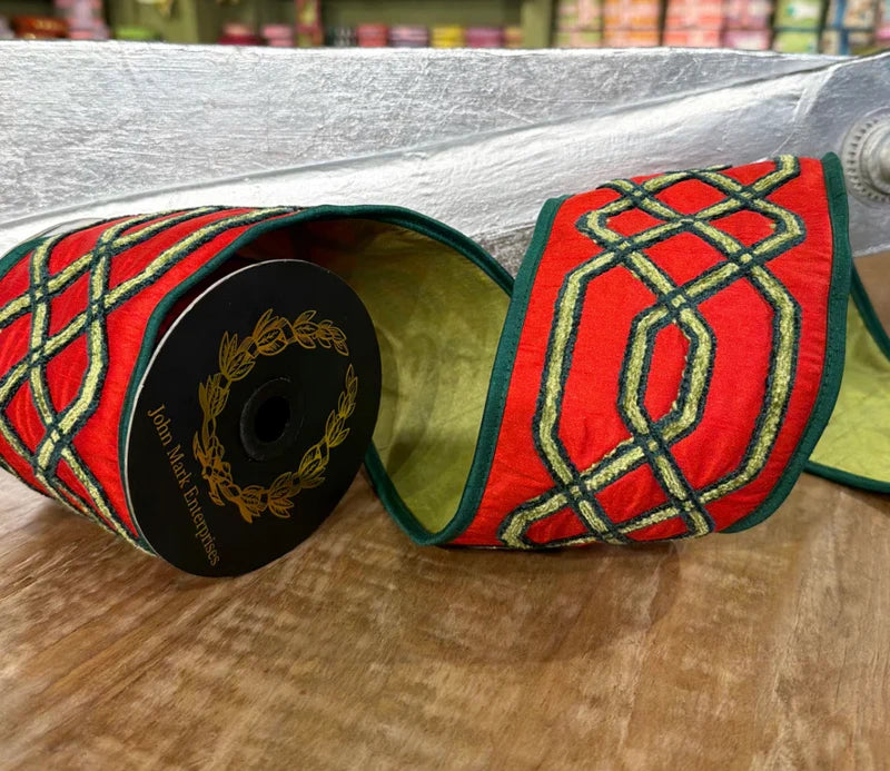 JME Red Embroidered Trellis Pattern Ribbon