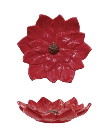 Hand-Painted Ceramic Poinsettia Shaped Plate, Red & Green