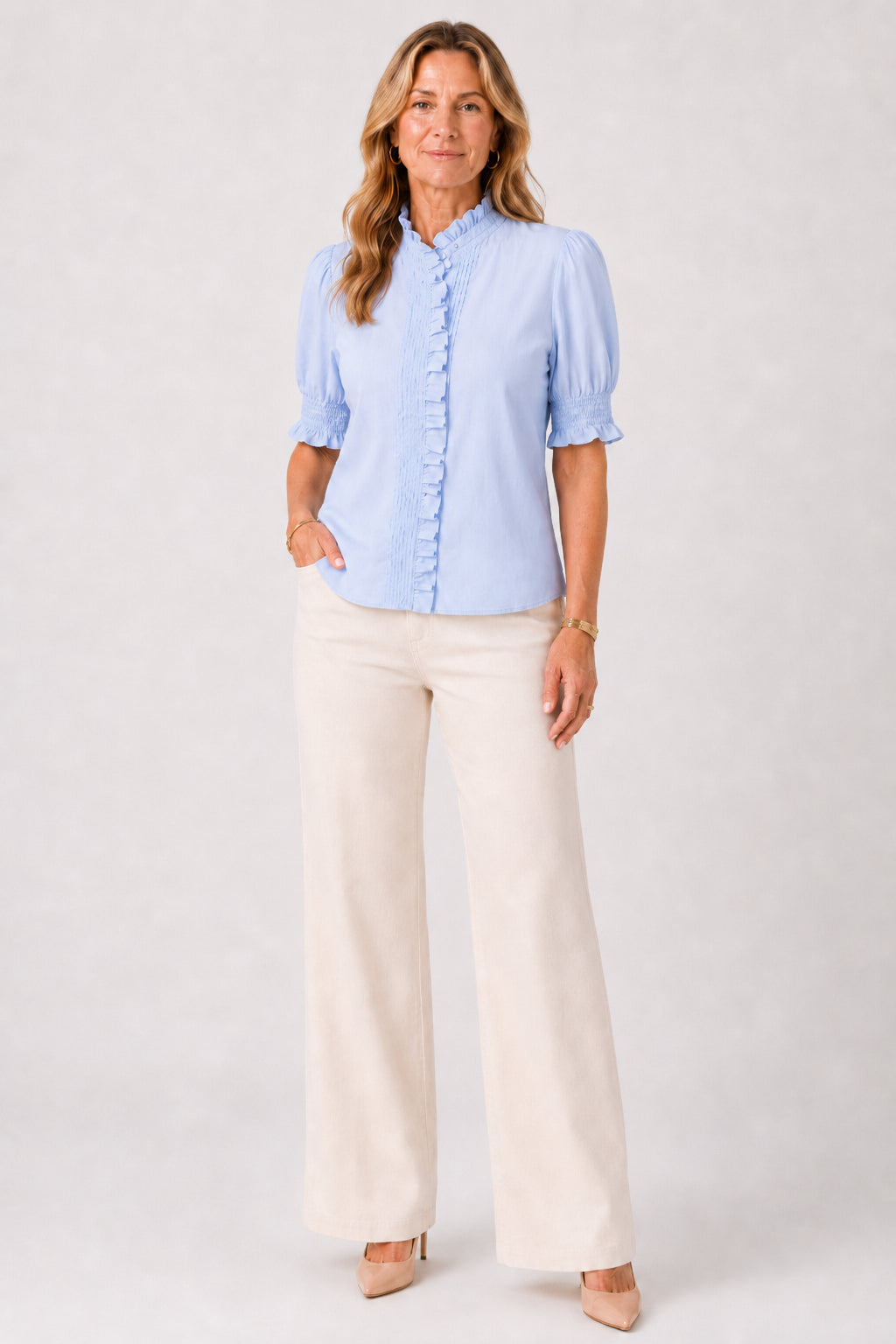 The Kiki Ruffle Cotton Shirt | Sky