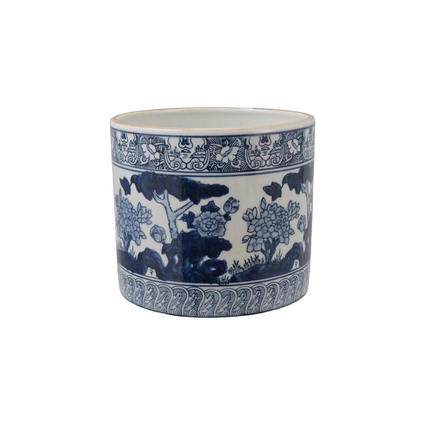 Stoneware Planter with Patterned Borders & Botanicals, White & Blue (Holds 7" Pot)