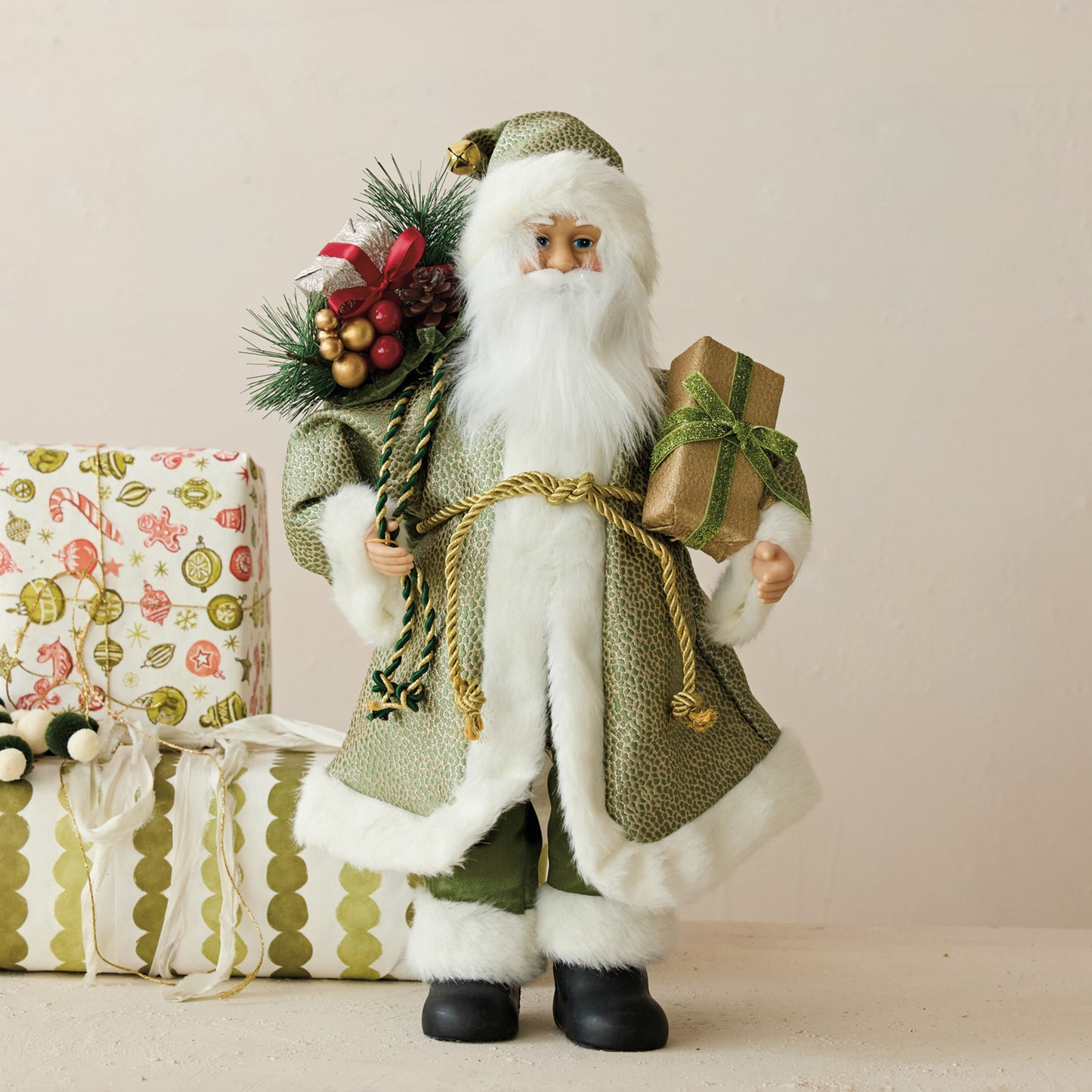 Fabric & Faux Fur Santa with Bouquet & Gift