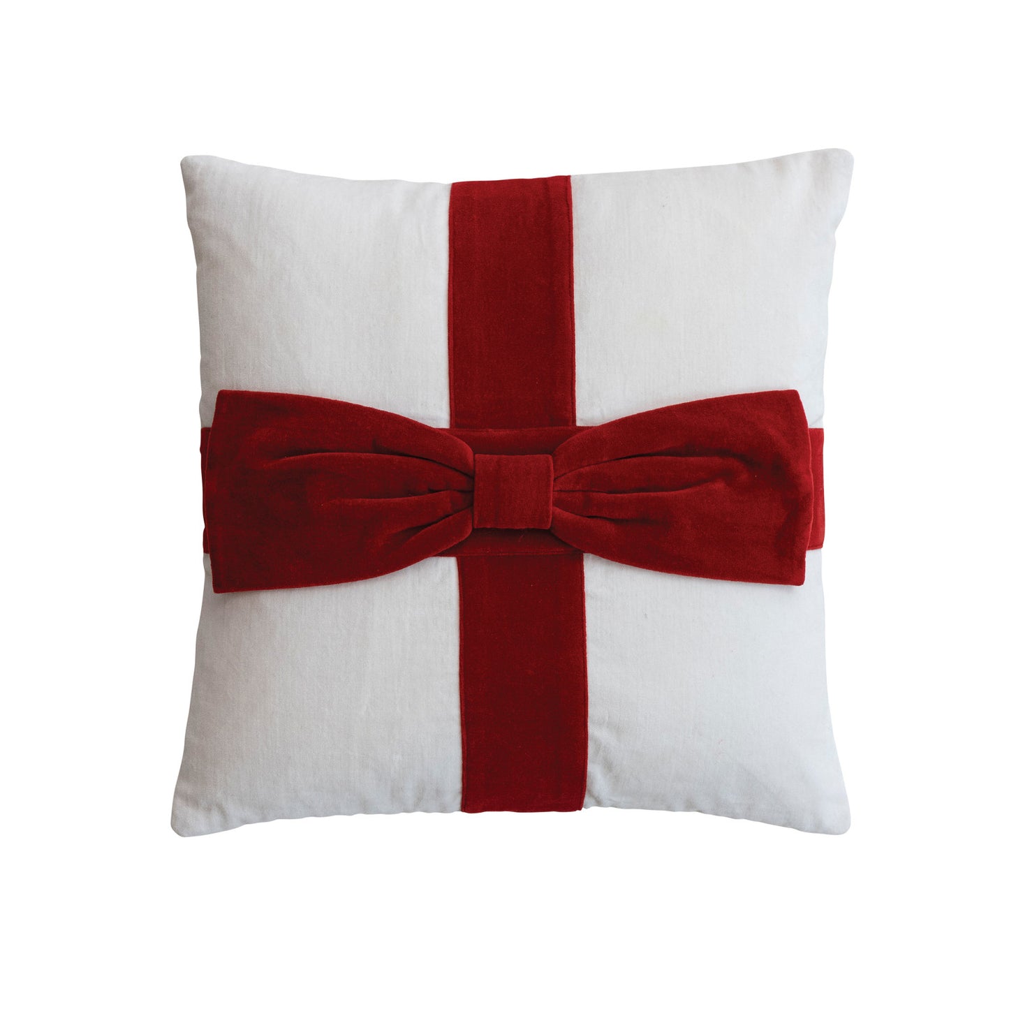 20" Square Cotton Velvet Pillow with Bow, White & Red