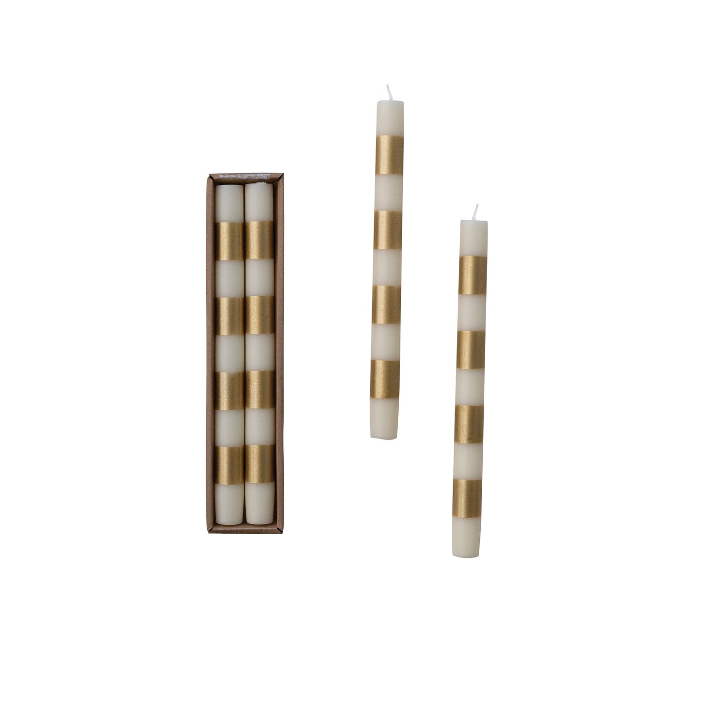 Unscented Taper Candles with Stripes in Box, Cream & Gold Color, Set of 2