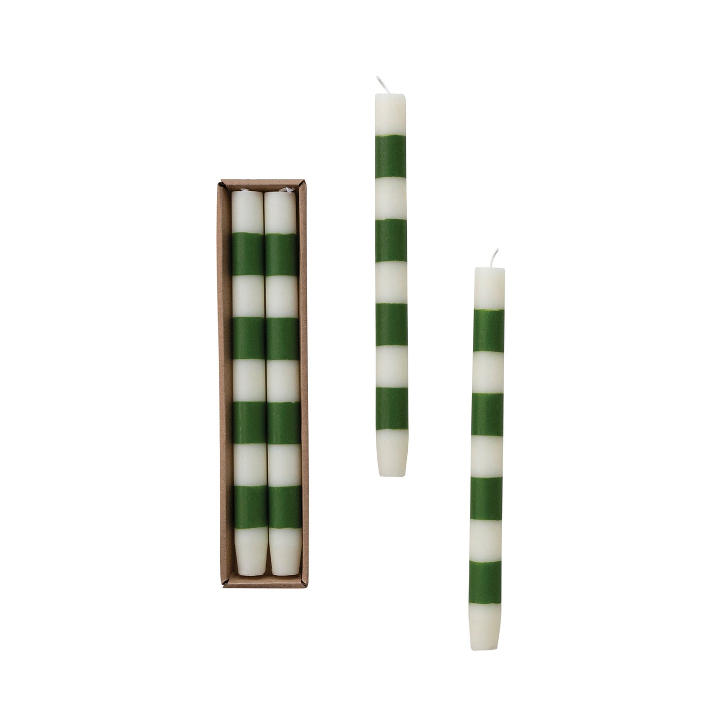 Unscented Taper Candles with Stripes in Box & Green, Set of 2