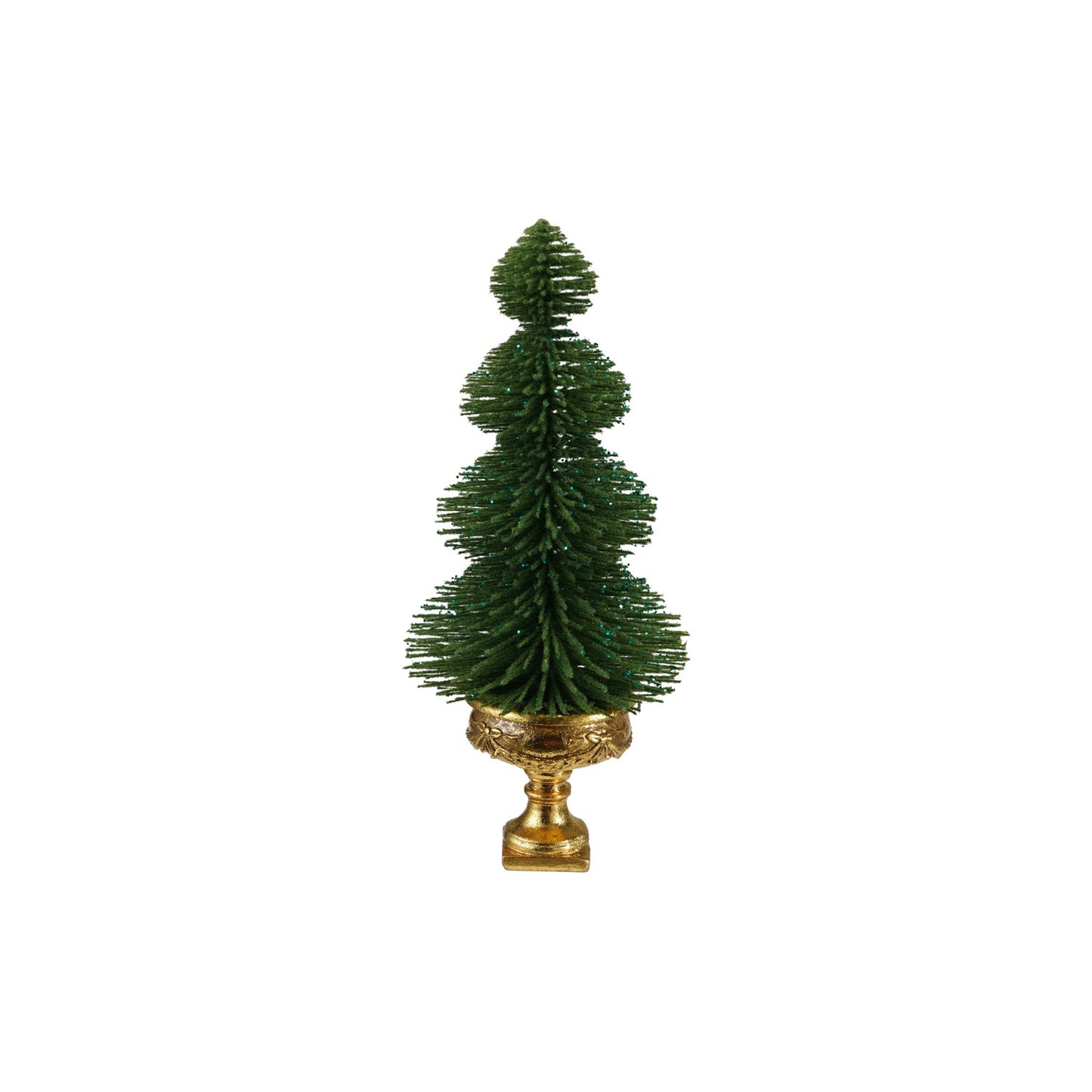 Plastic Bottle Brush Tree with Glitter & Urn Base, Green & Gold Finish