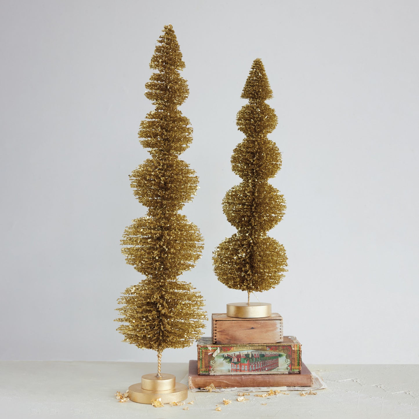 Plastic Topiary Shaped Bottle Brush Tree with Wood Base, Gold Glitter Finish