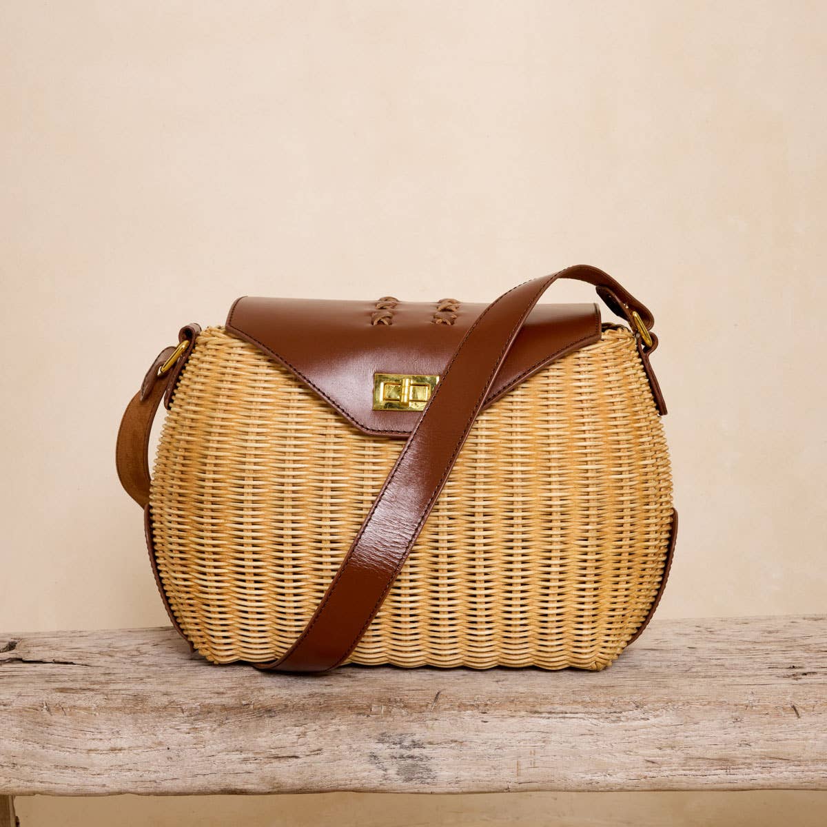 Dark Brown Leather Trim  Rattan Shoulder Bag