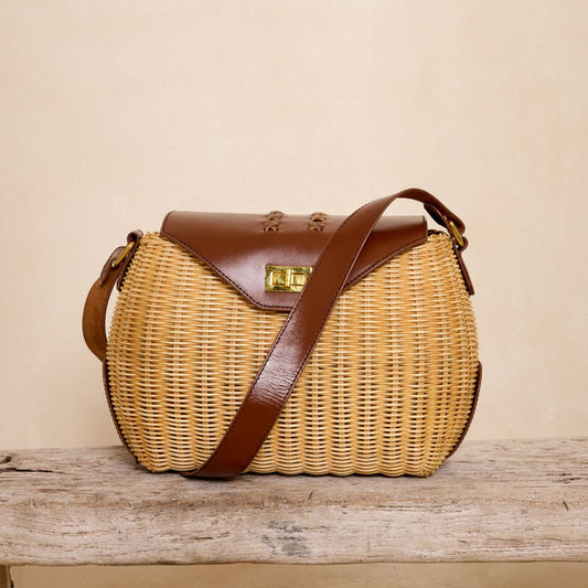 Dark Brown Leather Trim  Rattan Shoulder Bag