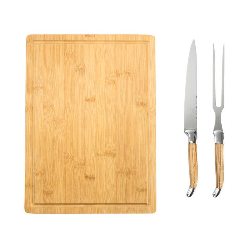 French Home - Laguiole Olive Wood Carving Set & Bamboo Moat Board