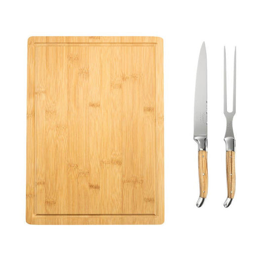 French Home - Laguiole Olive Wood Carving Set & Bamboo Moat Board